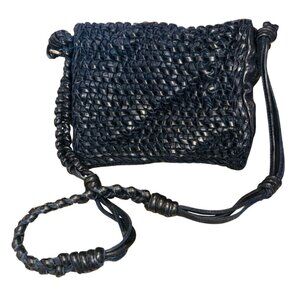 VTG Handwoven Black Leather Crossbody Handbag Adjustable Strap Textured Boho